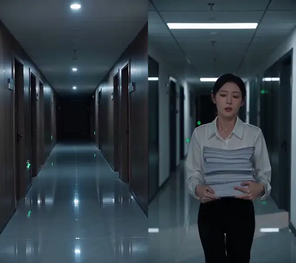Side-by-side loop: left, the first prompt makes the actress stare back wide-eyed with her mouth open; right, the revised prompt gives a short glance and a tighter grip on the files