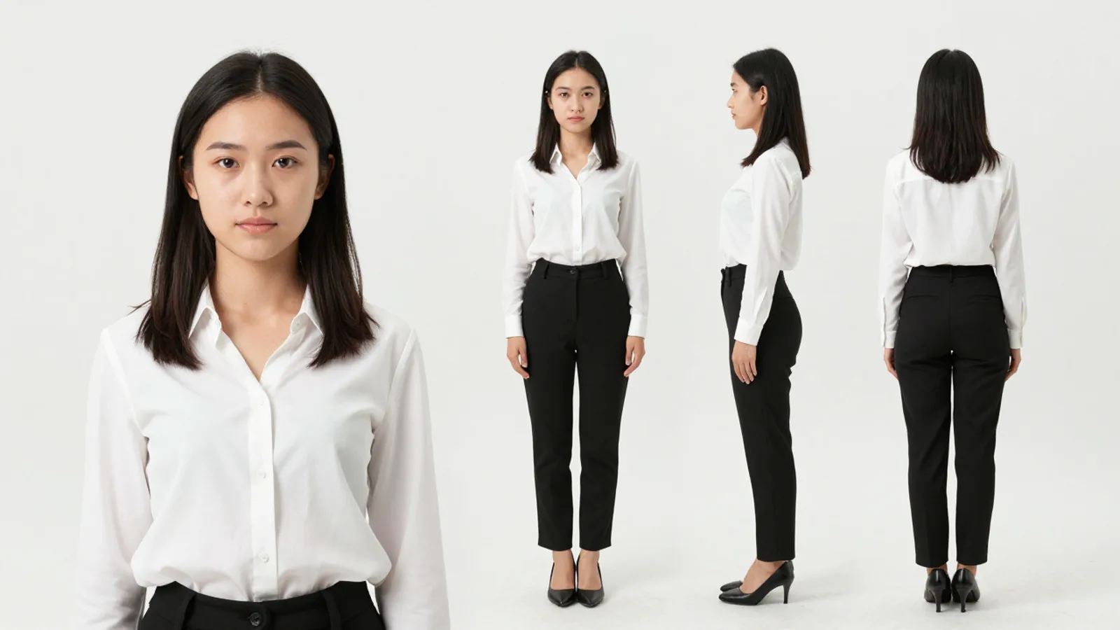Full three-view character sheet: front head close-up, then full-body front, side and back views on a white background