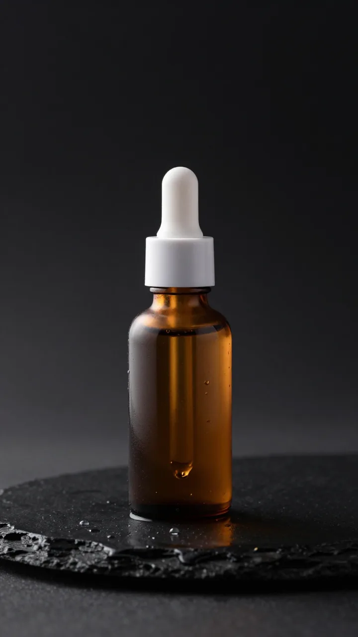 Reference photo: amber glass serum dropper bottle on wet black slate with a dark background