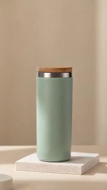Looping preview of the AI product video: a hand unscrews the bamboo lid of a sage-green tumbler on a stone block