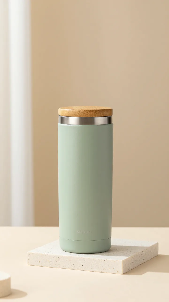 Reference photo: matte sage-green insulated tumbler with a bamboo lid on a travertine block, beige background